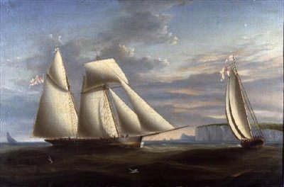 Uma escuna de vela de proa e uma escuna do Esquadrão Real de Iates ao largo da costa de Dorset (painel) de Nicholas (circle of) Condy