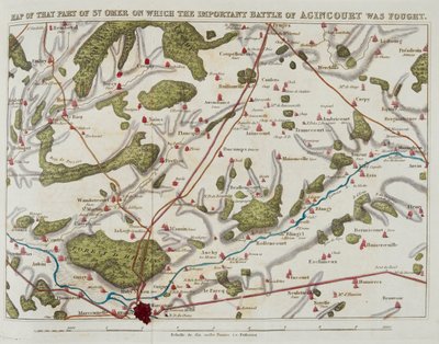 Mapa daquela parte de St. Omer em que a importante batalha de Agincourt foi travada, ilustração de 
