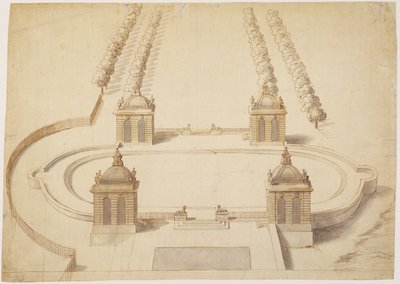 Design para um Bowling Green, Hampton Court, c.1689-91 (caneta e tinta marrom, lavagem e grafite sobre papel) de Nicholas Hawksmoor