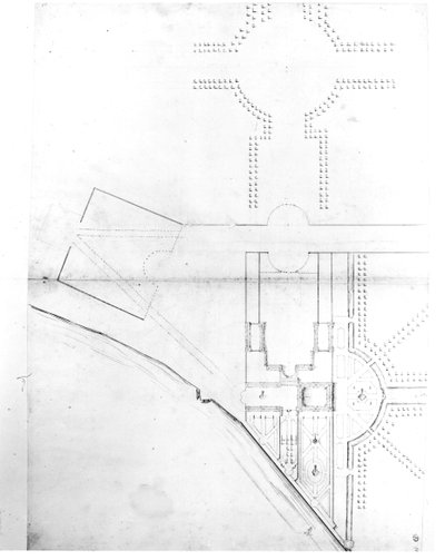 Plano de local do esquema I, Hampton Court, 1689 (caneta e tinta sobre papel) de Nicholas Hawksmoor