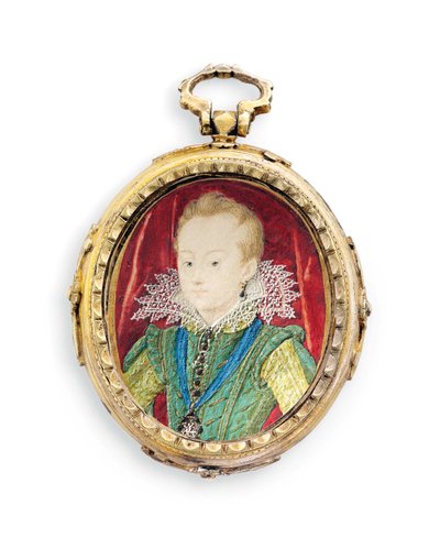 Rei Carlos I quando duque de York, quando menino (pergaminho em moldura de metal dourado posterior) de Nicholas Hilliard