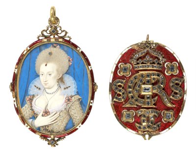 Miniatura de retrato da Rainha Ana da Dinamarca (1574-1619) com capa de joalharia, c.1611 (wc de velino, moldura de ouro esmaltado com diamantes de mesa) (ver também 69710) de Nicholas Hilliard