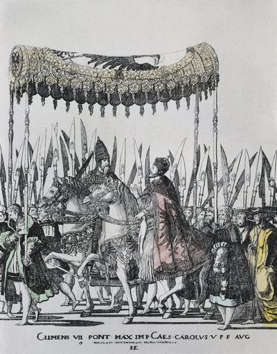 HOGENBERG, Nicolas (1500-1539). A Coroação de Carlos V em Bolonha. CHARLES V (1500-1558). Santo Imperador Romano (1519-1556) e Rei de Espanha (1516-1556), como Carlos I.; CLEMENTE VII (1478-1534). Papa entre 1523 e 1534. Gravura de Nicholas Hogenberg