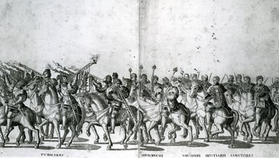 Placa 12 e 13 da entrada do Papa Clemente VII e imperador Carlos V em Bolonha em 24 de fevereiro de 1530, publicado c.1530 de Nicholas Hogenberg