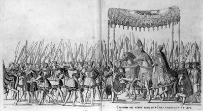 A entrada do Papa Clemente VII e do imperador Carlos V em Bolonha em 24 de fevereiro de 1530, placa 27, c.1530 de Nicholas Hogenberg