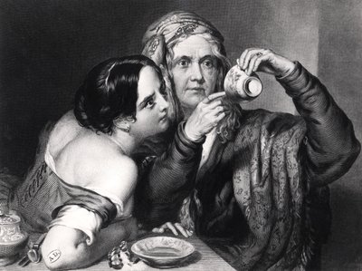Prevendo o futuro da leitura de grãos de café, gravada por Charles William Sharpe (1818-1899) de Nicholas Joseph Crowley