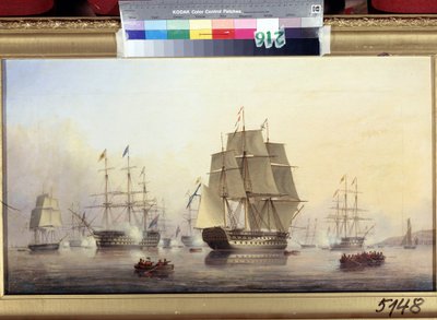 Imperador Nicholas I (1796-1855) em visita a Inglaterra. Navios que disparam canhões para dar as boas-vindas e celebrar o Czar da Rússia. Pintura de Nicholas Matthew Condy (1816-1851), óleo sobre tela de Nicholas Matthews Condy