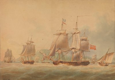 Partida de um comboio, acompanhado por uma fragata [possivelmente a "Triton" (1796)] de Nicholas Pocock