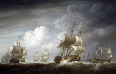Uma frota de navios indianos, navios britânicos da Companhia de Comércio das Índias Orientais. Óleo sobre tela de Nicholas Pocock