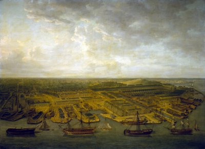 As docas e as docas de Plymouth (Inglaterra). Óleo sobre tela de Nicholas Pocock