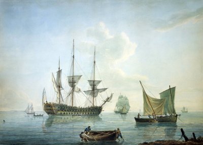 Fragata de terceira classe (70 canhões), um barco de pesca e outros barcos ao largo da costa sul de Inglaterra de Nicholas Pocock