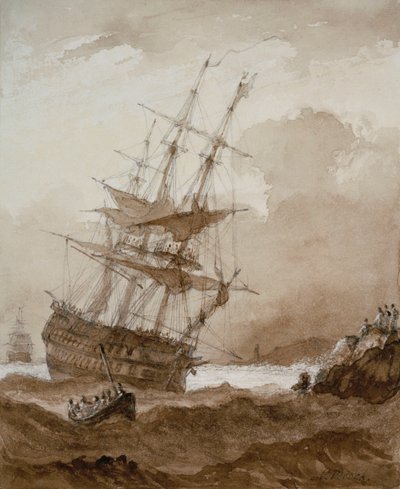 Dois convés num vendaval ao largo da costa, finais do século XVIII a inícios do século XIX (lavagem a castanho) de Nicholas Pocock
