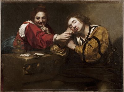 Cena de bonne aventure (un dormeur reveille par une jeune femme) - Fortune Telling Scene (Sleeper Awakened by a Young Woman), de Renieri, Niccolo (Nicolas Regnier) (c. 1590-1667). Óleo sobre tela de Nicholas Renieri