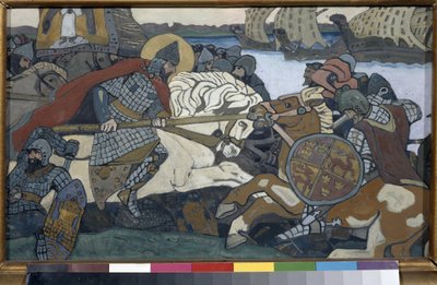 Alexander Nevsky (1220-1263) a bater Birger Jarl (1210-1266) (ou Birger Magnusson de Bjalbo). Episódio da Batalha de Neva (1240), de Nicolas Roerich (1874-1947), gouache em cartão de Nicholas Roerich