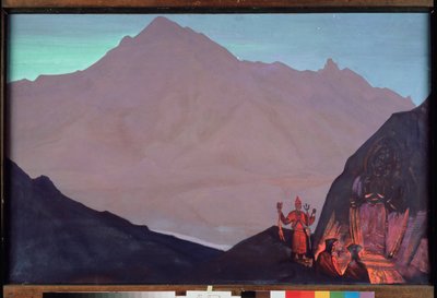 Chenrezig (Bodhidattva de compaixão dedicado ao Dalai Lama, ou Avalokiteshvara). Tibete ocidental no Himalaia. (Monges budistas prestam homenagem à sua representação gravada na parede da montanha do Himalaia). Pintura de Nicolas (Nicholas) Roeri de Nicholas Roerich