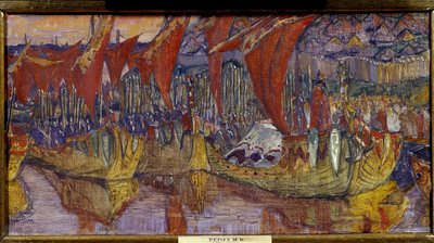 A campanha Chersonessos de Vladimir o Grande (ou O Santo, ou o Sol Vermelho, Vladimir I Sviatoslavitch de Kiev, 958-1015). As Velas Vermelhas. Pintura de Nicolas Roerich (1874-1947), óleo sobre tela de Nicholas Roerich