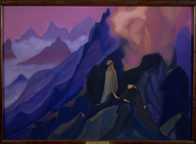 O profeta. Muhammad (570-632) no Monte Hira (Islão, episódio da revelação em 610, numa caverna no deserto da Arábia Saudita). Trabalho de Nicolas Roerich (1874-1947), tempera sobre tela de Nicholas Roerich