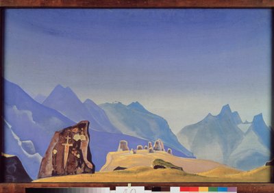 A espada de Gesar Khan (ou Rei Gesar de Ling, herói mongol e tibetano). (Túmulo de pedra em um cume da cadeia do Himalaia). Obra de Nicolas (Nicholas) Roerich (1874-1947) têmpera sobre tela de Nicholas Roerich