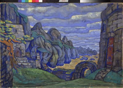 Aldeia junto ao mar. Decoração preparatória para a ópera Tristão e Isolda de Richard Wagner (1813-1883). Trabalho de Nicholas Roerich (1874-1947), guache e tempera a bordo de Nicholas Roerich