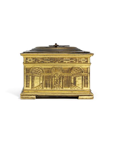 Elizabeth I gravou um impressionante relógio de mesa horizontal, c.1590-1600 (latão dourado) de Nicholas Vallin