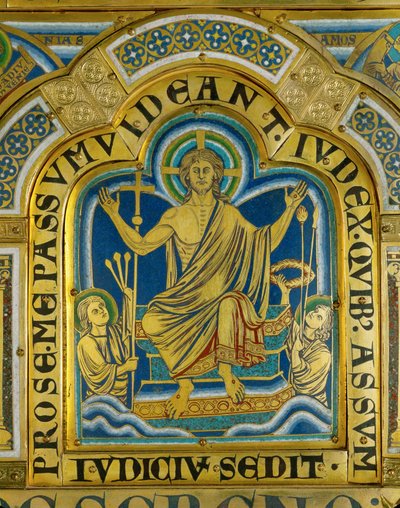Cristo senta-se para julgar, os santos carregam os objectos da sua paixão ... (esmalte sobre cobre dourado) de Nicholas of Verdun