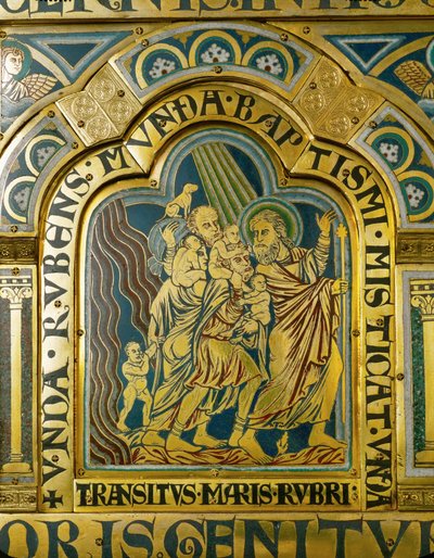 Moisés guia os filhos de Israel através do Mar Vermelho (técnica de champsleve, esmalte sobre cobre dourado) de Nicholas of Verdun