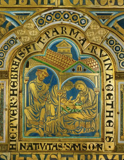 O nascimento de Sansão, Manoá com um chapéu de judeu medieval ... (esmalte sobre cobre dourado) de Nicholas of Verdun