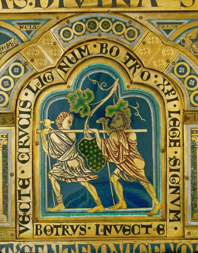 Os batedores regressam do Vale de Eshkol, transportando uma uva gigante ... (esmalte sobre cobre dourado) de Nicholas of Verdun