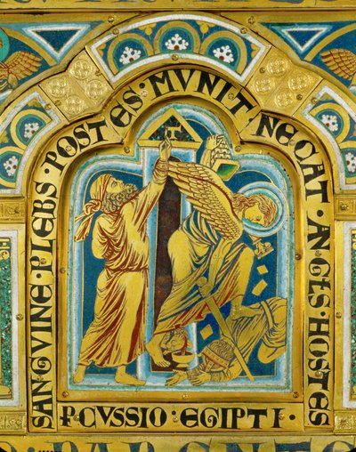 Décima praga do Egito: os israelitas pintam as ombreiras das portas com o sangue do cordeiro da Páscoa ... (esmalte sobre cobre dourado) de Nicholas of Verdun
