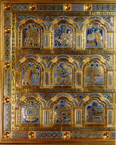 Altar de Verdun feito em ouro e esmalte por Nicolas de Verdun (ca. 1130/50-1205): cenas do Antigo e do Novo Testamento (atravessando o Mar Vermelho, o rei Melquisedec (Melchisedec ou Melchisedec ou Melkisedeq ou Melki-Tsedeq ou Melki Tsedeq), o batismo de  de Nicholas of Verdun