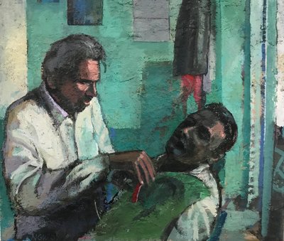 Barbearia, 2017-23 (óleo sobre tábua) de Nick Williams