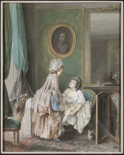 Femme enfilant ses bas - Mulher a puxar a meia, de Lafrensen, Niclas (Nicolas Lavreince) (1737-1807). Gouache sobre papel de Niclas II Lafrensen