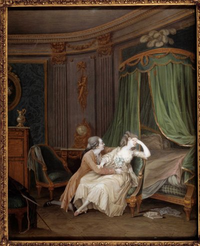 Arrependimento tardio Um homem, provavelmente confessa um infidelito à sua noiva que desmaia. Pintura de Niklas Lavreince (1737-1807) Paris do século XVIII, Musee Cognacq Jay de Niclas II Lafrensen