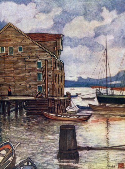 Noruega: Velho Armazém e Barcos, Molde (cor litho) de Nico Jungman