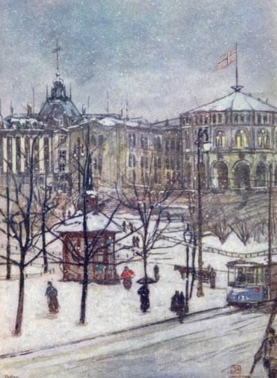 Noruega: As Casas do Parlamento (Storthing), Christiania (cor litho) de Nico Jungman