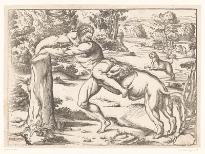Milo de Croton atacado por um leão de Nicolò Boldrini (attributed to)