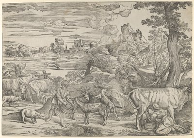 Paisagem com uma leiteira à direita e um menino à esquerda, ca. 1535-40., c. 1535-40. de Nicolò Boldrini