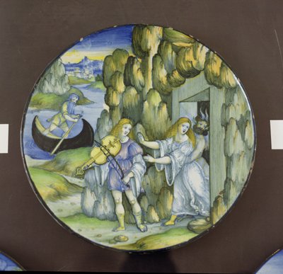Orfeu e Eurídice às portas do mundo subterrâneo, placa de maiólica, de Nicola Pellipario de Urbino (fl.1510-42), c.1515 de Nicolò Pellipario