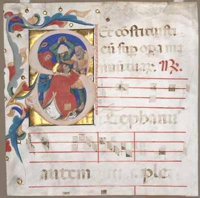 Fragmento de um antifonário com inicial historiada S: O apedrejamento de Santo Estêvão, c. 1370-1372. de Nicolò da Bologna
