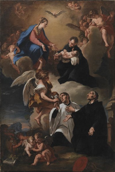 O Espírito Santo, Anjos e a Virgem com Santos Marcos, Stanislau Kostka (Segurando o Menino), Aloysius Gonzaga e Francesco Borgia de Nicola Grassi