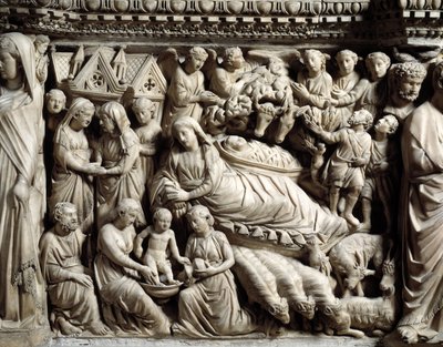 Arte e Arquitectura Gótica: Visitação e Natividade - Detalhe dos baixos-relevos da Mesa de Mármore que Nicola Pisano (1215/20-1278/84) fez entre 1266 e 1268 (Detalhes do púlpito de mármore, visitação e natividade) Cathedrale Notre-Dame-de-l