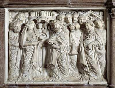 Apresentação de Jesus ao templo (Apresentação de Jesus ao templo) Cadeira realizada por Nicola Pisano (1215/20-1278/84) (Púlpito de mármore) 1260 Baptistere Saint John of Pisa (Battistero san Giovanni di Pisa), Itália de Nicola Pisano