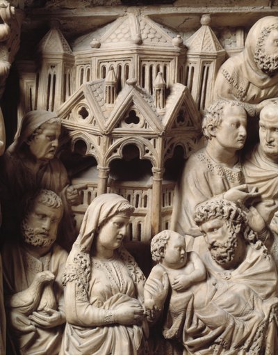 A apresentação no templo e o vôo para o Egito Detalhe em relevo do púlpito de mármore por Nicola Pisano de Nicola Pisano