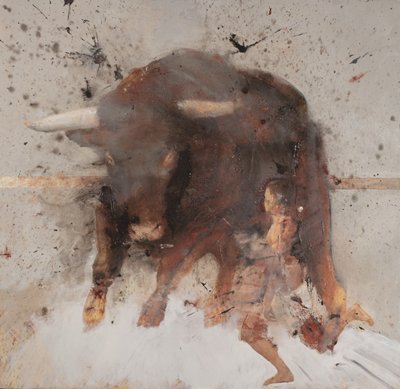 Touro com toureiro, 2019 (óleo e combustão sobre madeira) de Nicola Pucci