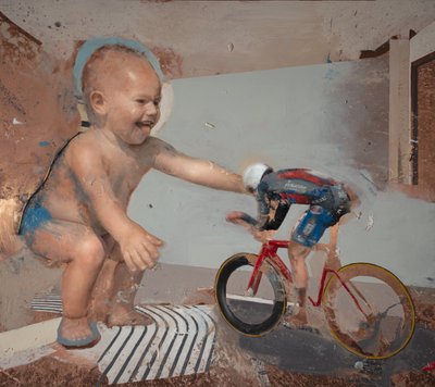 Criança ciclista II, 2023 (óleo sobre cobre) de Nicola Pucci