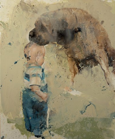 Criança com cão II, 2022 (óleo sobre tela) de Nicola Pucci