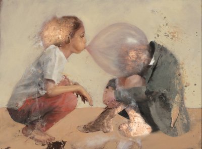 Crianças agachadas - bolha 2, 2020 (óleo sobre cobre) de Nicola Pucci