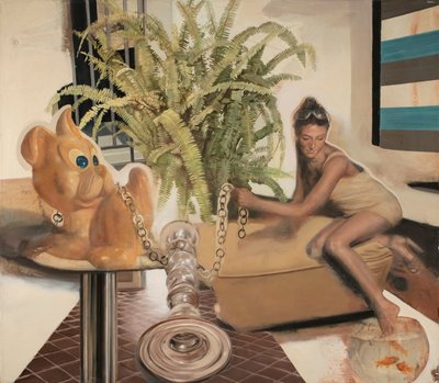 Rapariga com um cão amarelo, 2011 (óleo sobre tela) de Nicola Pucci