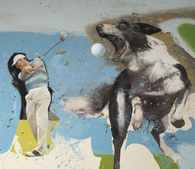 Golfista com cão, 2023 (óleo sobre tela) de Nicola Pucci