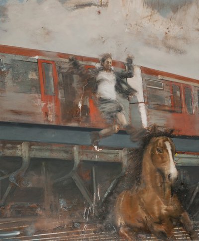 Saltar do comboio, 2017 (óleo sobre tela) de Nicola Pucci